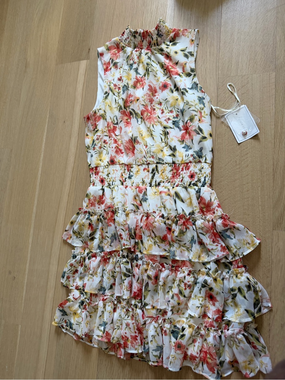 Floral Ruffle Tiered Girls' Dress - White with Coral & Yellow Flowers
